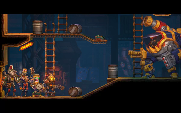 A vibrant HD desktop wallpaper from SteamWorld Heist II featuring robotic characters strategizing against a large enemy with a powerful weapon in a detailed, industrial setting.