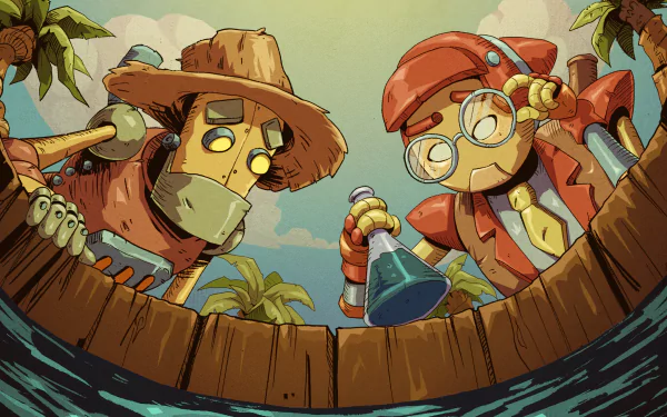 A dynamic HD desktop wallpaper featuring characters and scenes from the video game SteamWorld Heist II, showcasing its unique art style and engaging atmosphere.