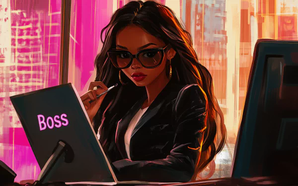 A confident woman in stylish glasses sits at a desk with a laptop displaying the word Boss. The vibrant cityscape background enhances the empowering atmosphere. HD desktop wallpaper.