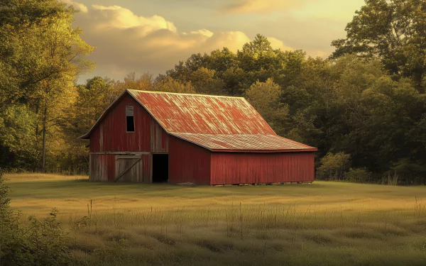 A vibrant red rustic barn stands against a clear sky, capturing the essence of countryside charm. This HD image serves as a stunning desktop wallpaper and background.