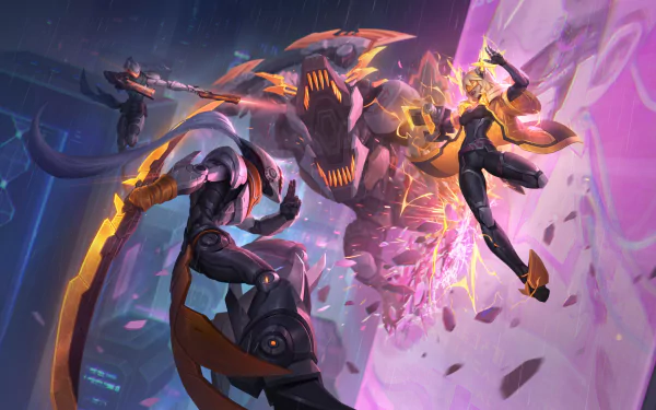A vibrant HD desktop wallpaper featuring characters Zeri, Renekton, and Lucian from League of Legends, capturing the dynamic essence of the video game.