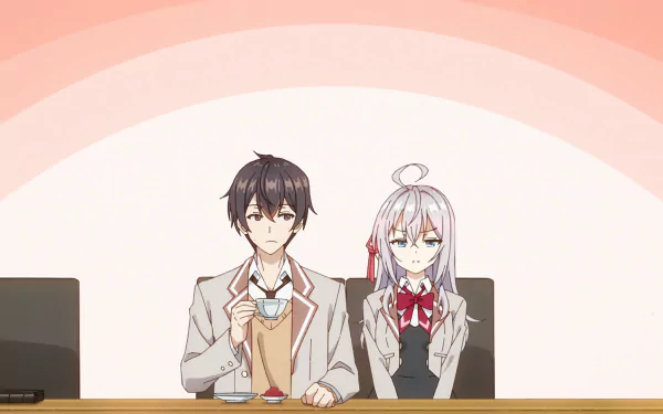 HD anime PC wallpaper featuring Masachika Kuze and Alisa Mikhailovna Kujou from Alya Sometimes Hides Her Feelings in Russian, sitting side by side against a soft pink background.