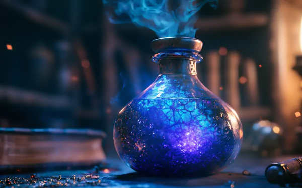 A vibrant, magical potion bottle emits swirling blue smoke, set against a backdrop of enchanting shelves filled with mysterious artifacts. Captivating fantasy HD wallpaper for desktop.
