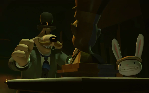 HD wallpaper featuring characters from the video game Sam & Max: The Devil's Playhouse, showcasing a humorous scene with Sam, a dog detective, and Max, a mischievous rabbit.