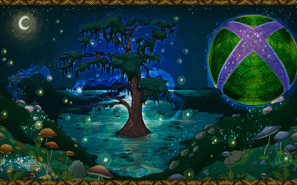 A vibrant HD desktop wallpaper featuring a mystical landscape with a glowing tree, serene waters, and an Xbox logo, enveloped in a night sky with softly shimmering lights.
