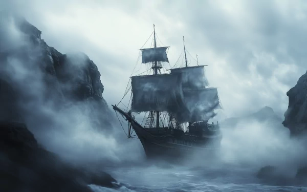 A haunting phantom ship emerges through mist, creating an eerie atmosphere. This HD wallpaper serves as a captivating desktop background.