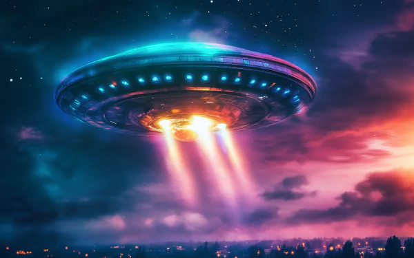 A vibrant HD sci-fi wallpaper depicting a UFO invasion, featuring a glowing spaceship emitting beams of light over a cityscape against a dramatic night sky.