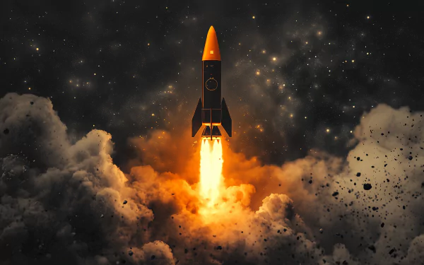 A stunning HD desktop wallpaper capturing the excitement of a rocket launch, showcasing dynamic colors and dramatic movement against a clear sky.