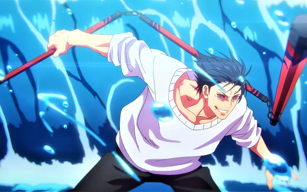 HD desktop wallpaper featuring Toji Fushiguro from the anime Jujutsu Kaisen, showcasing dynamic art and vibrant colors for an immersive background experience.