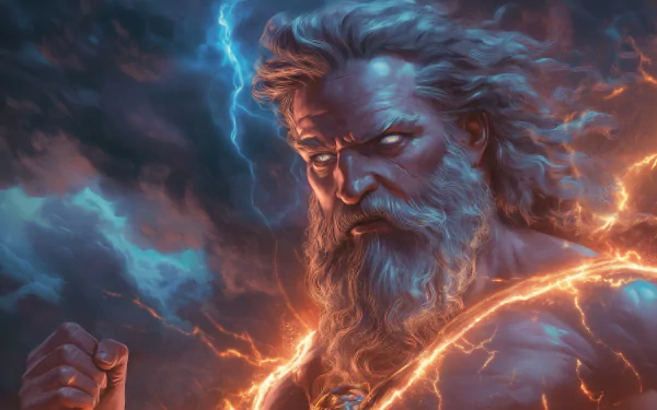 A powerful depiction of Zeus, featuring his fierce expression, lightning, and flowing hair, serves as a striking HD desktop wallpaper and background.