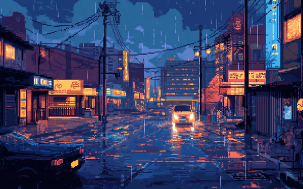 A vibrant pixel art depiction of a rainy city street, featuring illuminated storefronts and glistening pavement. This HD wallpaper captures the mood of a lively urban scene.