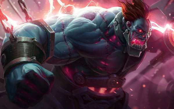 Sion from League of Legends is depicted in this striking 4K Ultra HD wallpaper, showcasing his powerful presence with chains and dynamic energy.