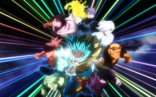 Anime-style 4K Ultra HD desktop wallpaper featuring Izuku Midoriya from My Hero Academia surrounded by dynamic, colorful energy trails and fellow characters.