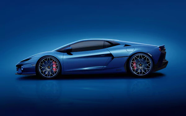 A striking HD wallpaper featuring a blue Lamborghini Temerario, showcasing its sleek design and bold aesthetics against a deep blue background.