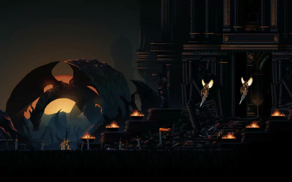 A stunning HD wallpaper from *Death's Gambit: Afterlife*, featuring a dramatic landscape with imposing structures, glowing lights, and a dark, atmospheric setting.