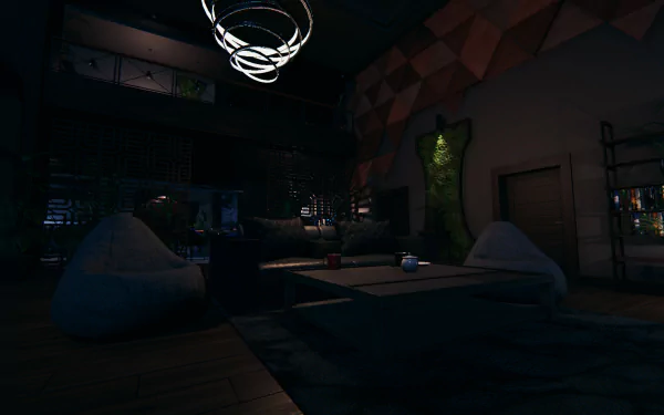 A dark, stylish room featuring modern furnishings, with a dramatic ceiling light. The atmosphere suggests a video game setting, reminiscent of Crime Scene Cleaner.