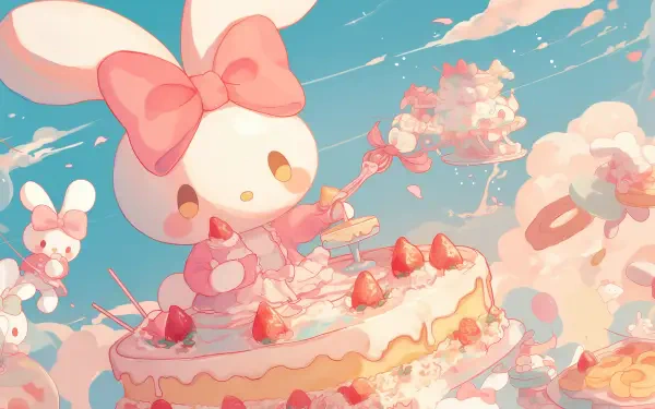 A whimsical HD wallpaper featuring My Melody from Onegai My Melody, playfully decorating a cake adorned with strawberries against a vibrant sky.