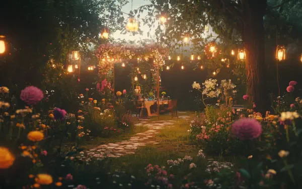 A serene backyard garden party scene with vibrant flowers, softly glowing lights, and a winding stone path, creating an inviting atmosphere for gatherings. HD desktop wallpaper.