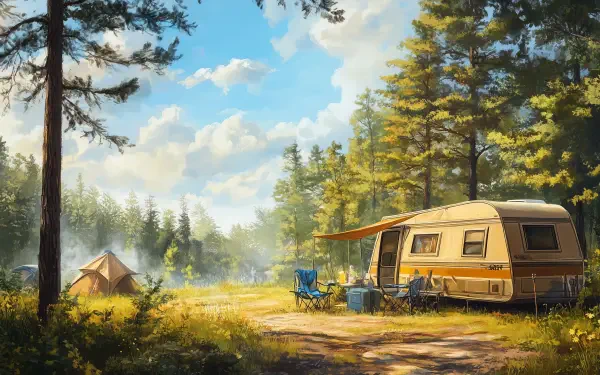 A serene camping trip scene featuring lush greenery and a peaceful atmosphere, designed as an HD desktop wallpaper and background for nature enthusiasts.