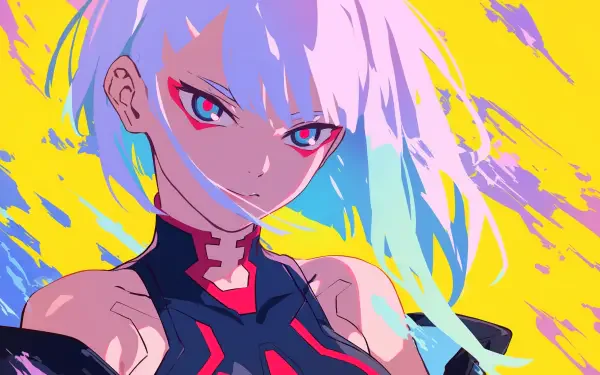 A stunning HD wallpaper featuring Lucy from *Cyberpunk: Edgerunners*, showcasing the vibrant and dynamic aesthetic of the anime's cyberpunk universe.