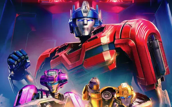 HD PC desktop wallpaper featuring vibrant, detailed artwork of Transformers One characters in dynamic poses against a glowing background.