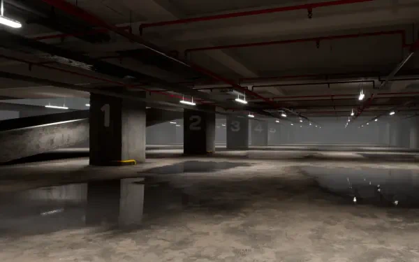 A high-definition desktop wallpaper showcasing a parking lot scene inspired by the video game Escape the Backrooms, creating an immersive and atmospheric background.