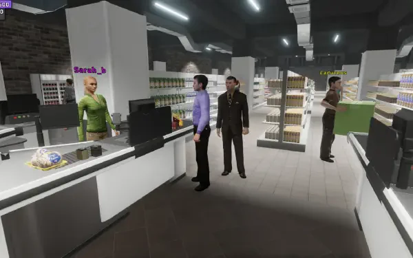 HD desktop wallpaper featuring a vibrant scene from the video game Supermarket Together, showcasing a lively supermarket environment.