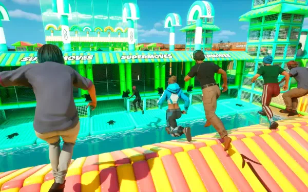 A vibrant HD wallpaper featuring characters in a colorful setting, racing towards a video game arena labeled Supermoves with bright architecture and a lively atmosphere.