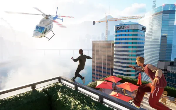 A dynamic HD desktop wallpaper featuring characters performing super moves on a skyscraper rooftop, with a helicopter hovering above a bustling cityscape.