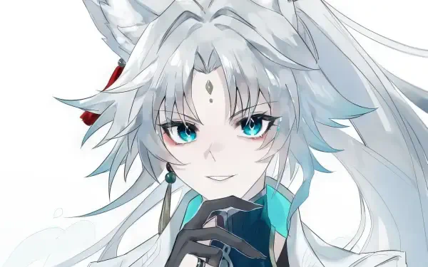 A captivating HD wallpaper featuring Feixiao from the video game Honkai: Star Rail, showcasing her striking silver hair and vibrant blue eyes against a clean background.