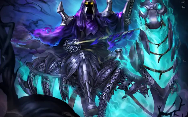 HD wallpaper featuring Abaddon from DotA 2, depicted in a striking fantasy scene with a ghostly horse, showcasing vibrant colors and intricate armor details.