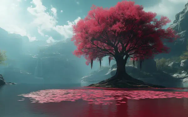 A vibrant AI art landscape of a red-leafed tree by a calm red lake, captured in HD detail as a PC desktop wallpaper and background.