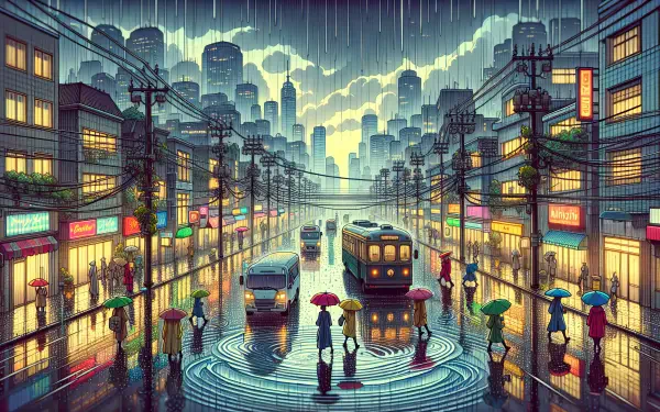 A vibrant HD desktop wallpaper depicting a rainy city scene, with people under umbrellas, reflections in puddles, and softly lit buildings against a moody sky.