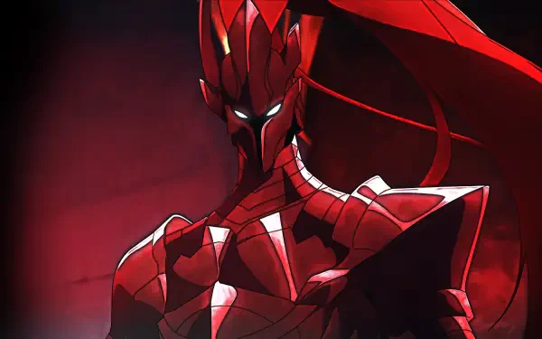 HD desktop wallpaper featuring Igris from the anime Solo Leveling, showcasing a fierce stance with a striking red background and detailed armor design.