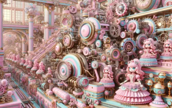 Colorful and whimsical, this HD desktop wallpaper features intricate machinery adorned with pink tones and Barbie-inspired characters, creating a vibrant barbiecore aesthetic.