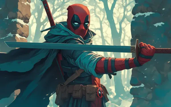 A dynamic HD wallpaper featuring Deadpool, the comic book assassin, wielding a sword, capturing his iconic blend of humor and action in a striking background.