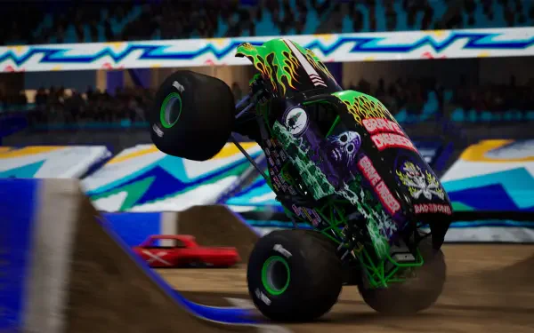 A dynamic HD desktop wallpaper featuring action-packed scenes from the Monster Jam Showdown video game, showcasing thrilling monster truck battles and excitement.