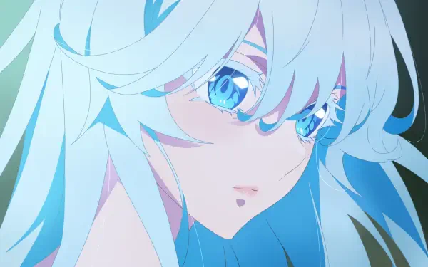 Anime close-up of Elfaria Alvis Serholt (Wistoria: Wand and Sword): blue eyes, long pale-blue hair, HD PC desktop wallpaper background.