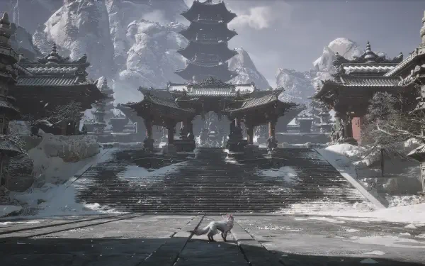 HD PC desktop wallpaper from Black Myth: Wukong, featuring a detailed snowy temple courtyard with traditional architecture and a lone figure in the foreground.