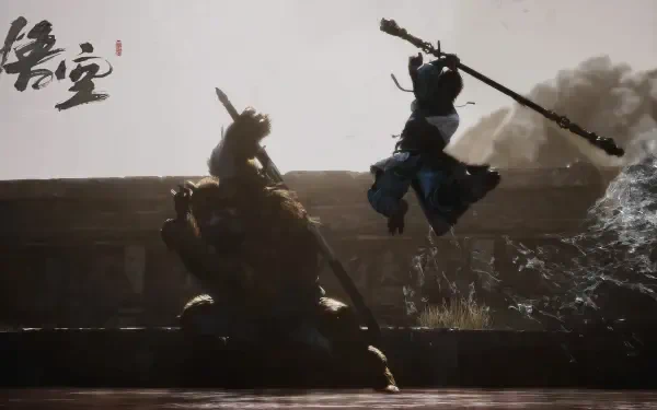 HD PC desktop wallpaper featuring a dynamic battle scene from Black Myth: Wukong, showcasing the protagonist mid-air wielding a staff against a large armored foe.