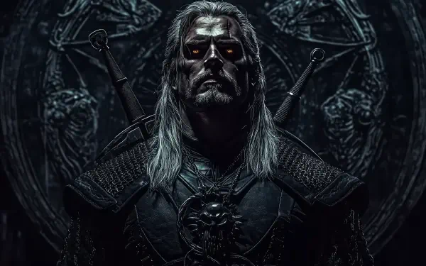 Geralt of Rivia stands in a dark, atmospheric setting from the TV show The Witcher, showcasing his iconic armor and swords against a detailed background.