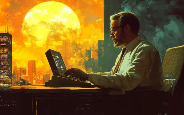 A professional businessman programmatically engages in work on a sleek, modern PC setup, showcasing the essence of productivity in a 4K Ultra HD desktop wallpaper.