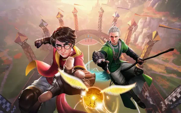 HD wallpaper featuring scenes from the video game Harry Potter: Quidditch Champions, showcasing the excitement of the magical sport of Quidditch in the Harry Potter universe.