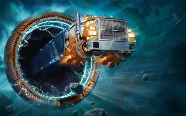 A vibrant HD desktop wallpaper featuring a futuristic truck emerging from a glowing portal, encapsulating the adventurous spirit of the video game Star Trucker.