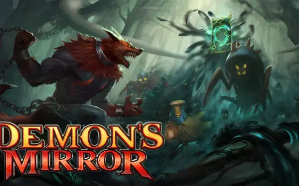 An HD PC desktop wallpaper featuring Demon's Mirror, showcasing a dark, immersive scene with mystical creatures and a foreboding forest backdrop.