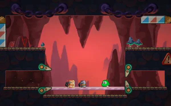 A vibrant HD PC desktop wallpaper featuring a scene from the video game Gimmick! 2, showcasing colorful characters and a dynamic setting with rolling platforms and a striking red backdrop.