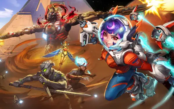 2K Quad HD PC desktop wallpaper/background for Overwatch and Overwatch 2: Juno (Overwatch) dashing forward as Reaper (Overwatch) and other heroes clash amid fiery energy.