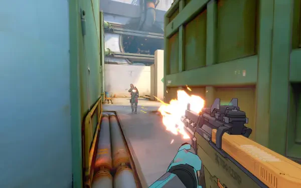 An intense moment from the video game Spectre Divide, featuring a character aiming a weapon down a narrow corridor, with action unfolding against an industrial backdrop. HD PC desktop wallpaper.