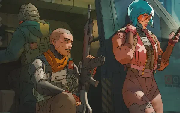 Vivid HD wallpaper from the video game Spectre Divide, showcasing two characters in a stylized, action-packed scene, emphasizing their futuristic outfits and weapons.