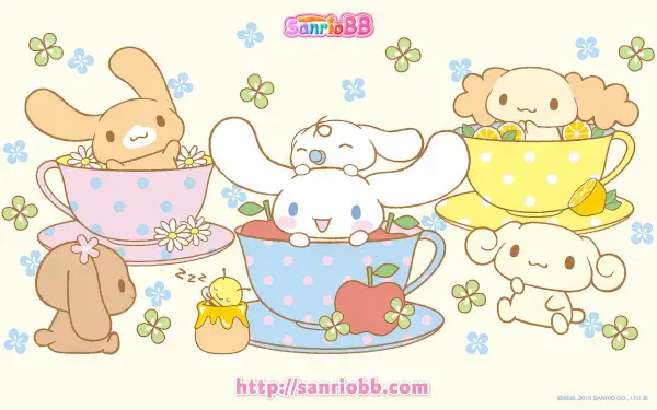 A charming HD wallpaper featuring Cinnamoroll and friends from Sanrio, playfully sitting in colorful teacups surrounded by flowers, creating a delightful and whimsical scene.